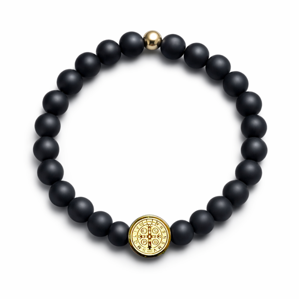 PULSERA MEDALLA DE SAN BENITO ÓNIX ORO